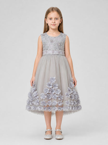 Girls’ Dressy Embroidered Dress with Flowers and Full Skirt on-model view