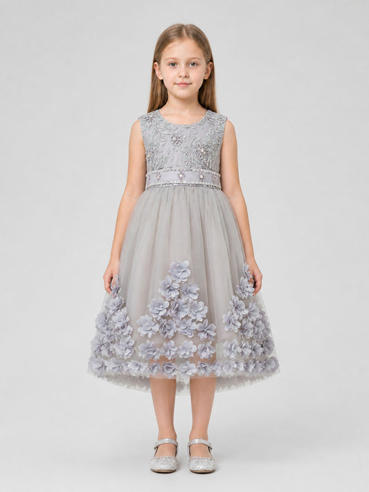 Girls’ Dressy Embroidered Dress with Flowers and Full Skirt on-model view