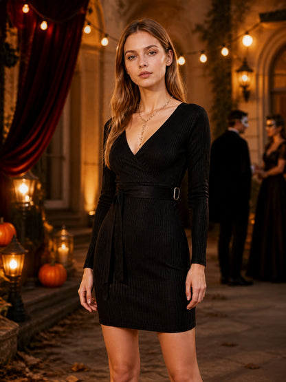 Black V-Neck Tie Waist Knit Dress with Long Sleeves, Slim Fit, Short Length, and