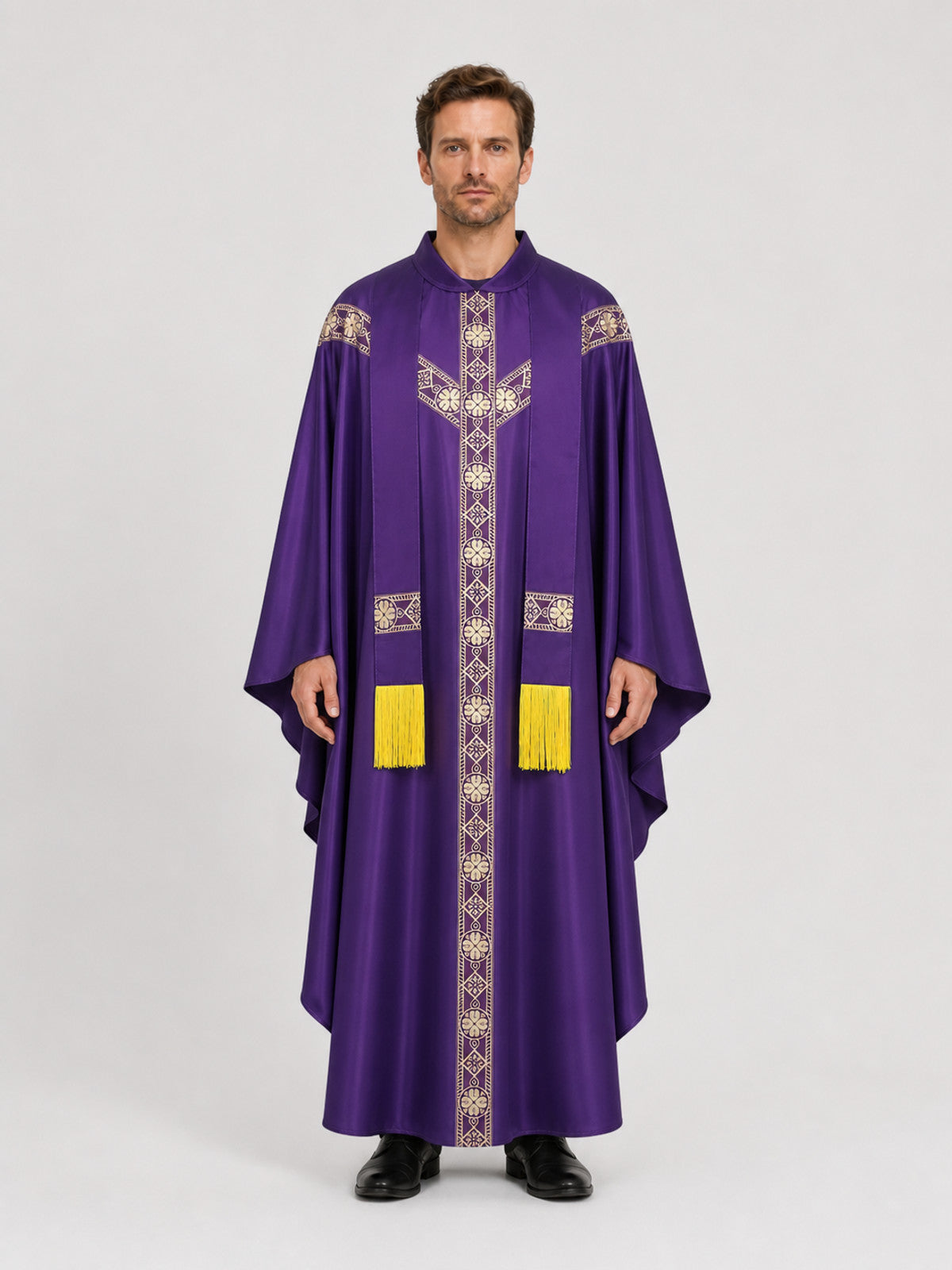 Purple Ritual Robe with Gold Ornament on-model view