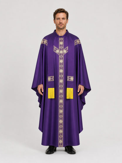 Purple Ritual Robe with Gold Ornament on-model view