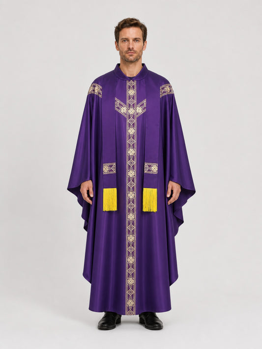 Purple Ritual Robe with Gold Ornament on-model view