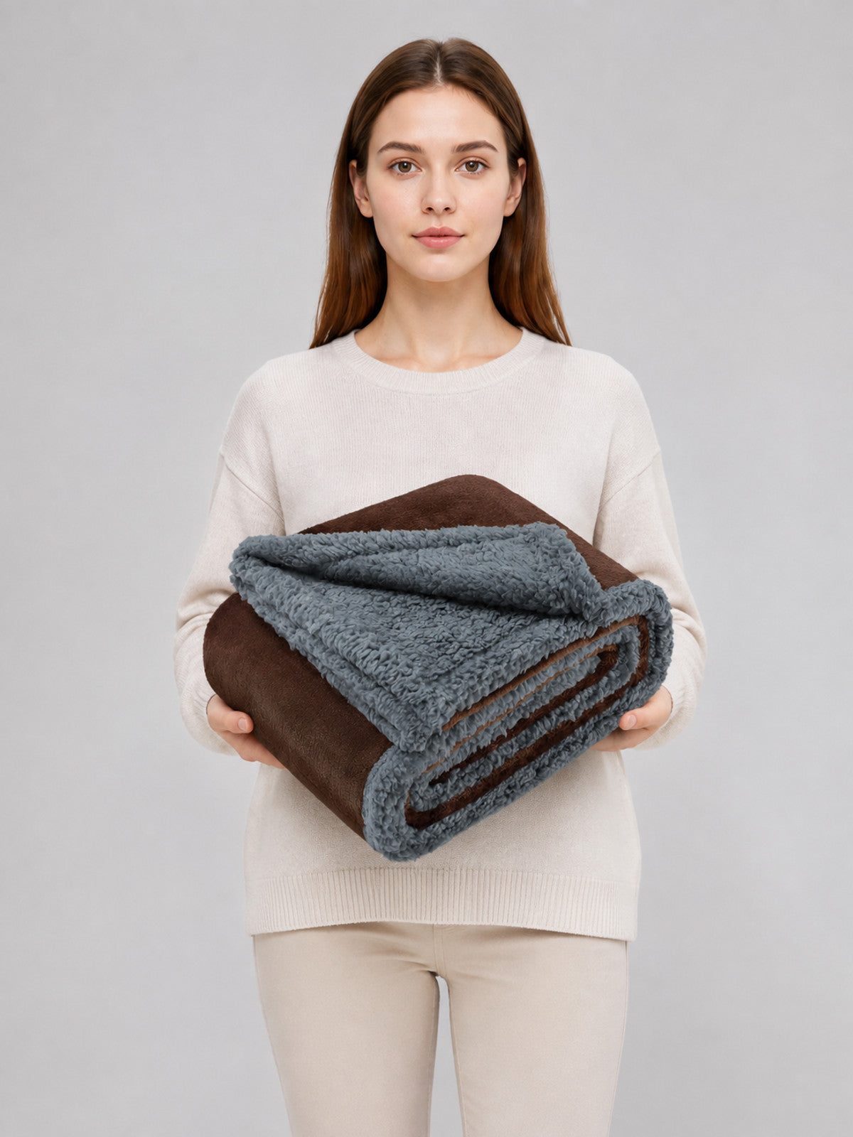 Reversible Pet Blanket, Brown and Gray on-model view