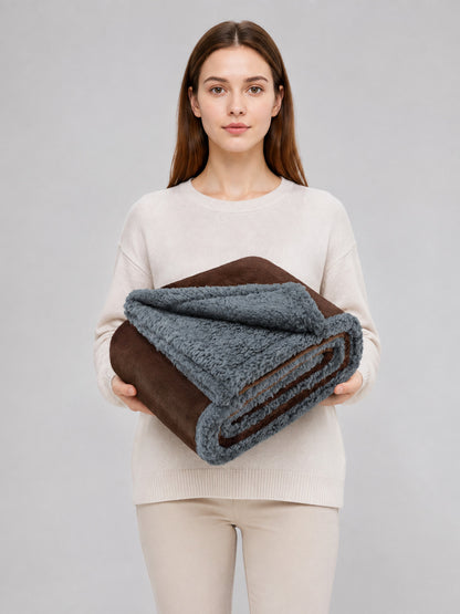 Reversible Pet Blanket, Brown and Gray on-model view