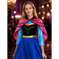 Frozen Princess Anna Costume Dress, Blue Floral Print Cape Gown with Gold Belt