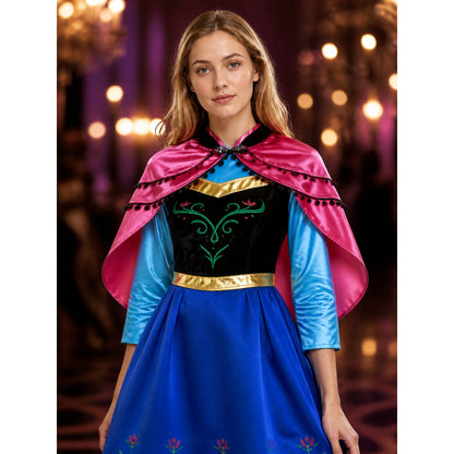 Anna Style Princess Costume Dress, Blue Floral Print Cape Gown with Gold Belt on-model view