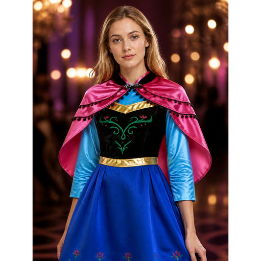 Anna Style Princess Costume Dress, Blue Floral Print Cape Gown with Gold Belt on-model view
