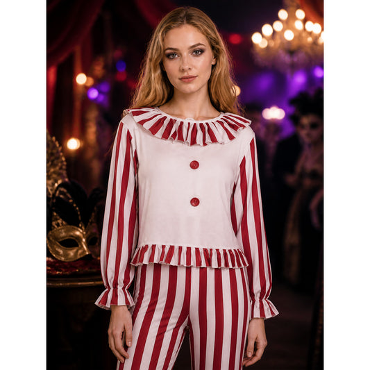 Red White Striped Clown Costume Set with Ruffle Collar and Cuffs on-model view