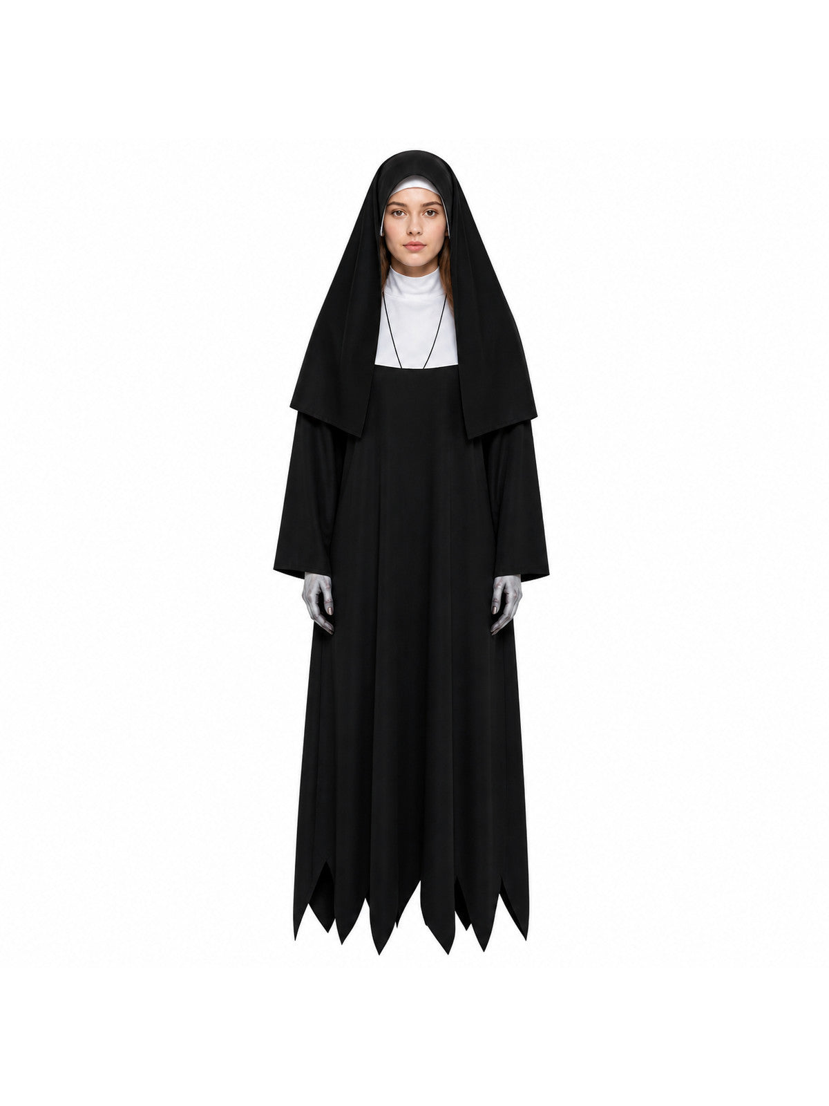 Adult Gothic Nun Halloween Costume, Black Hooded Robe with Scary Face Print main product view