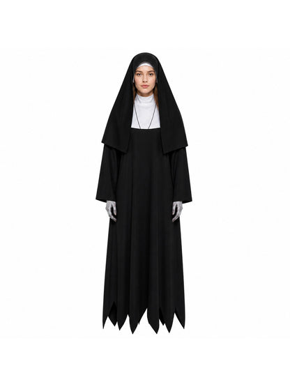 Adult Gothic Nun Halloween Costume, Black Hooded Robe with Scary Face Print main product view
