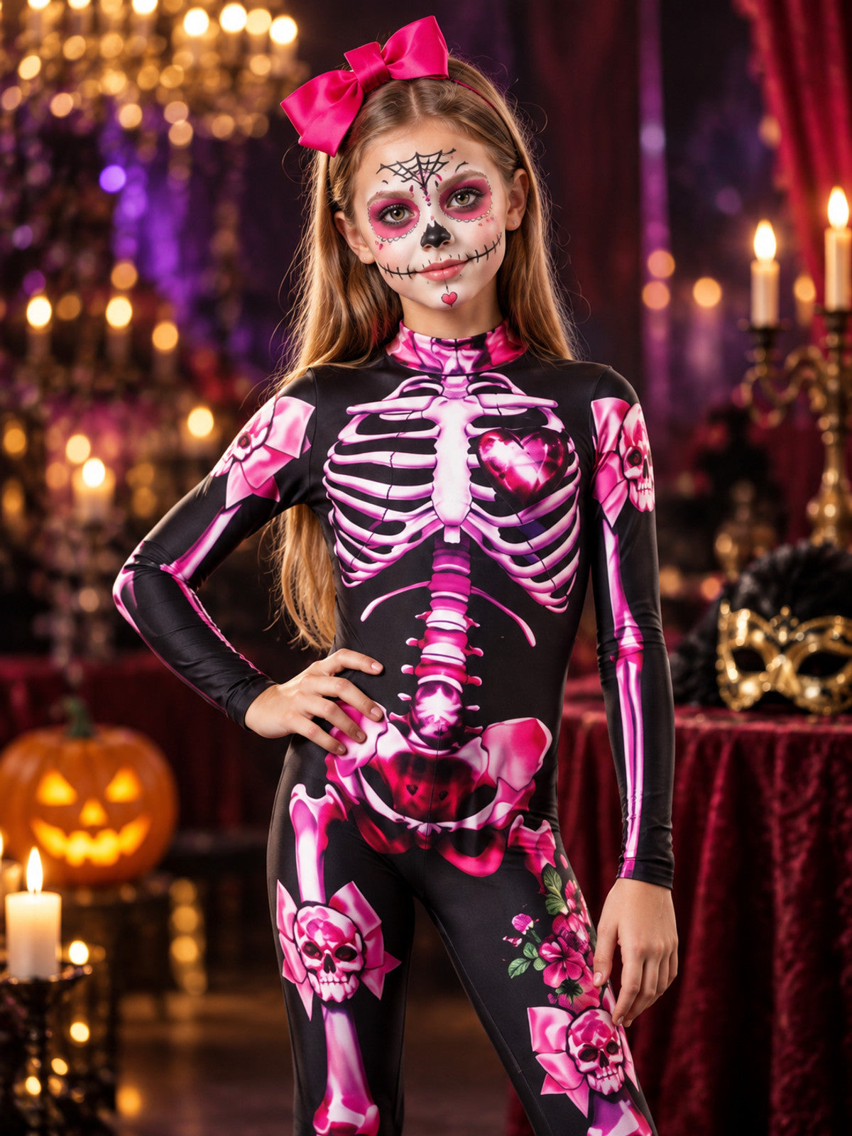 Black Skeleton Costume with Pink Print