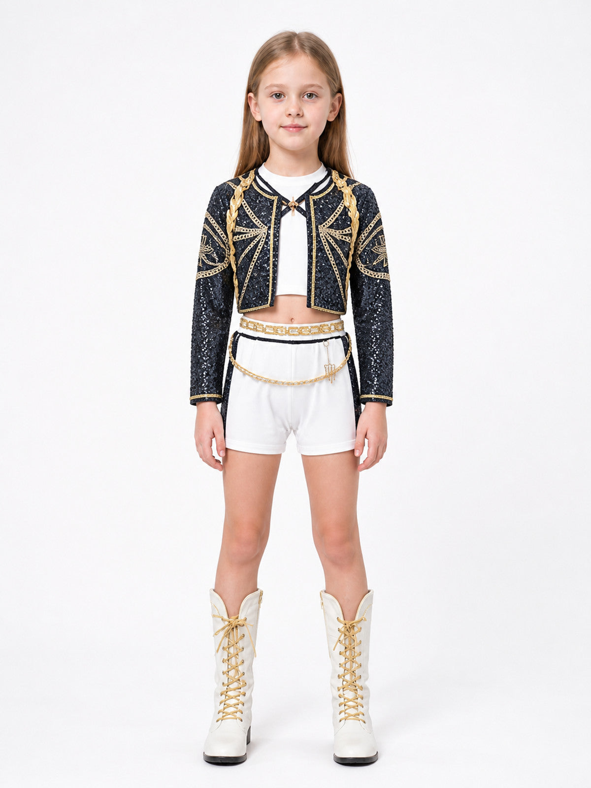 Girls' Demon Hunter Costume, Black, White, and Gold main product view