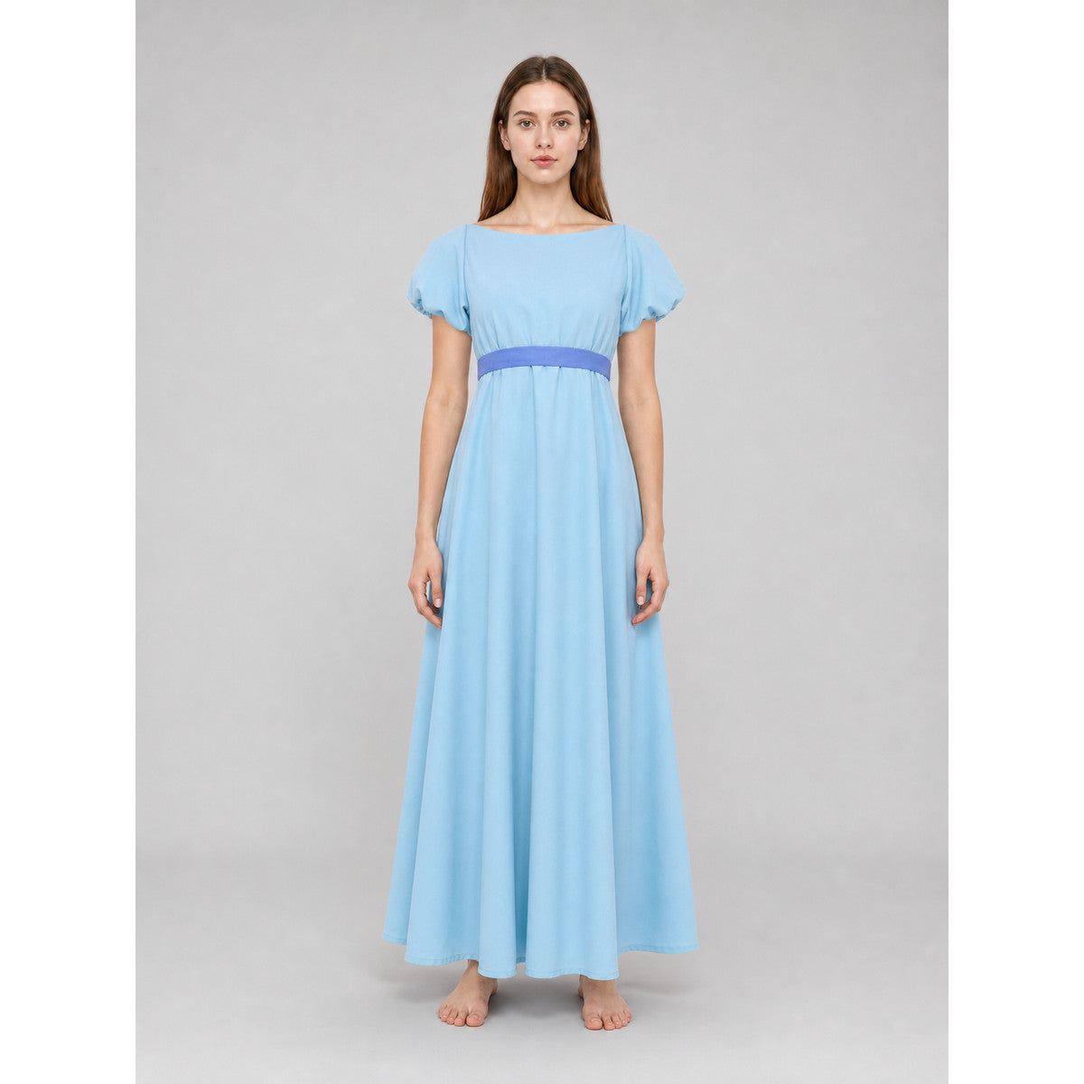Long Light Blue Dress with Belt and Ties