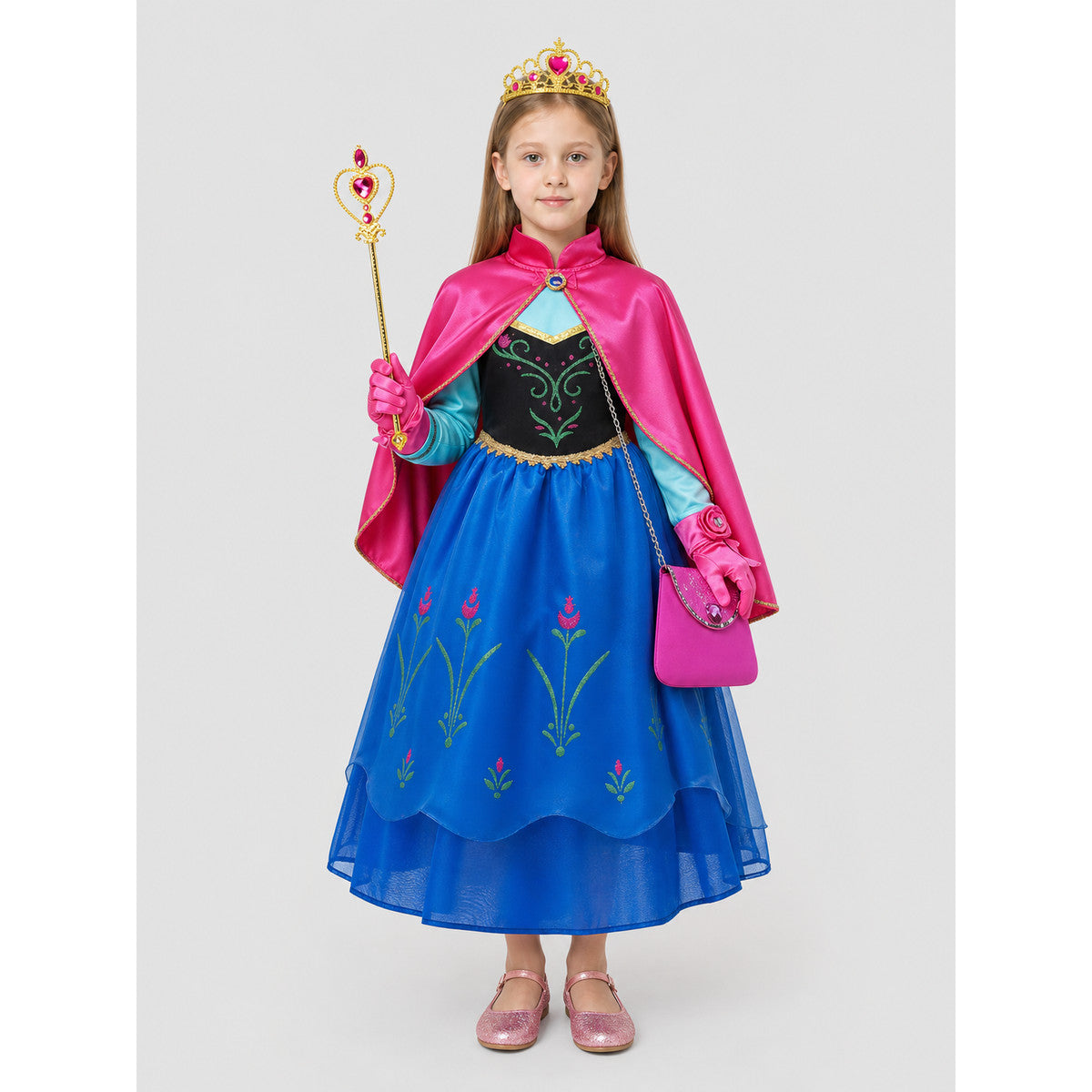 Elsa and Anna Princess Costume for Girls with Cape and Crown on-model view