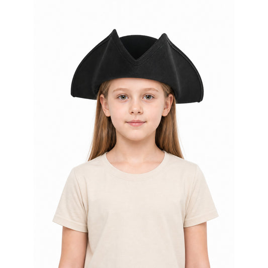 Children's Pirate Hat, Black Wide-Brim Tricorn Style Costume Hat with Turned-Up Sides, Pointed Crown Sections and Stitched Edging for Dress-Up Play and Costume Parties