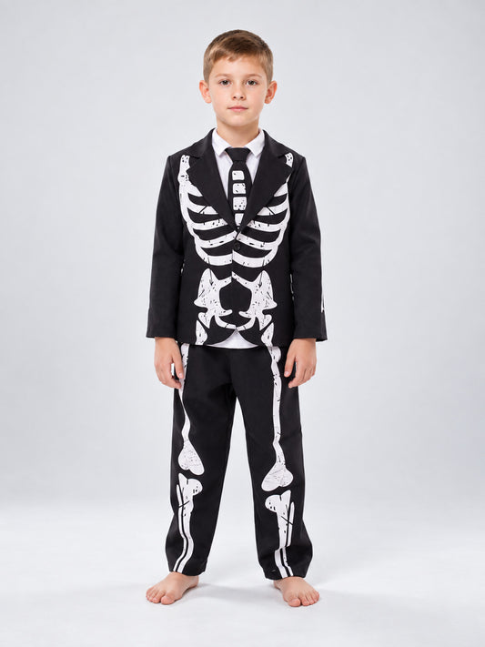 Kids' skeleton costume black with white print