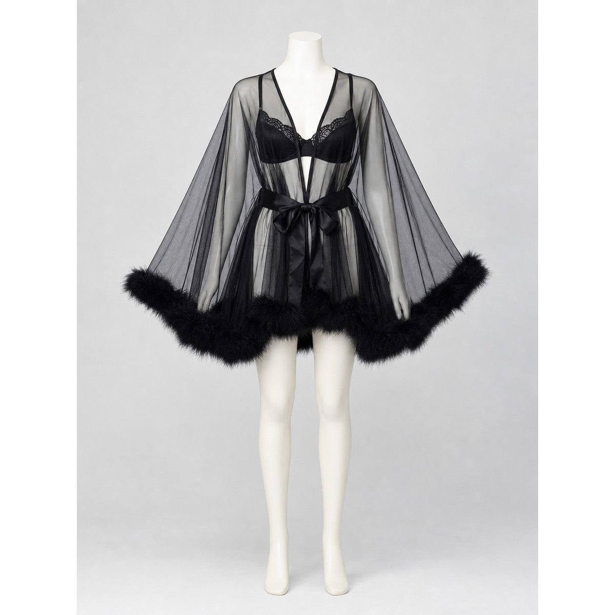 Black Sheer Robe with Belt and Fluffy Trim
