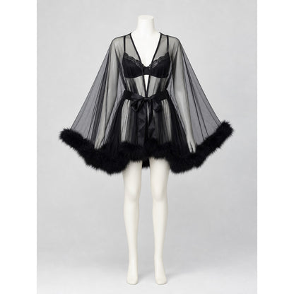 Black Sheer Robe with Belt and Long Sleeves on-model view