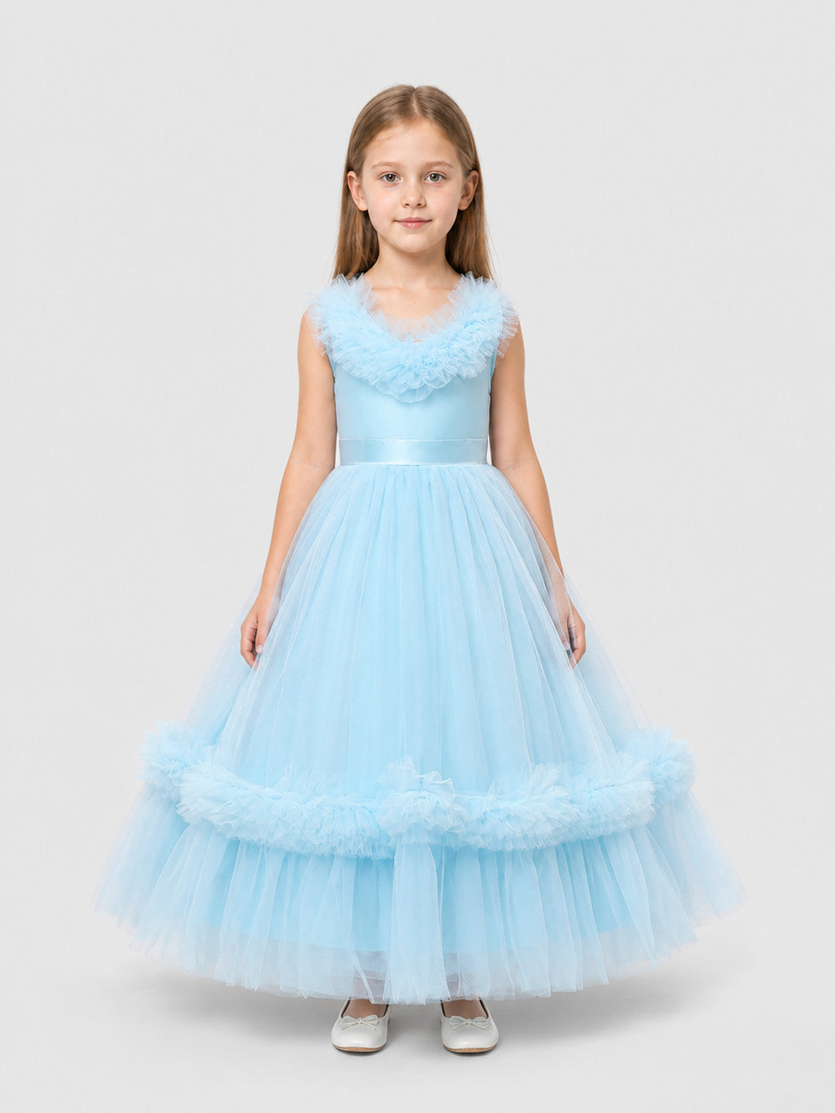 Girls' Light Blue Princess Dress with Full Skirt and Bow on-model view