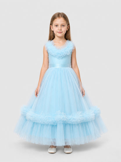 Girls' Light Blue Princess Dress with Full Skirt and Bow on-model view