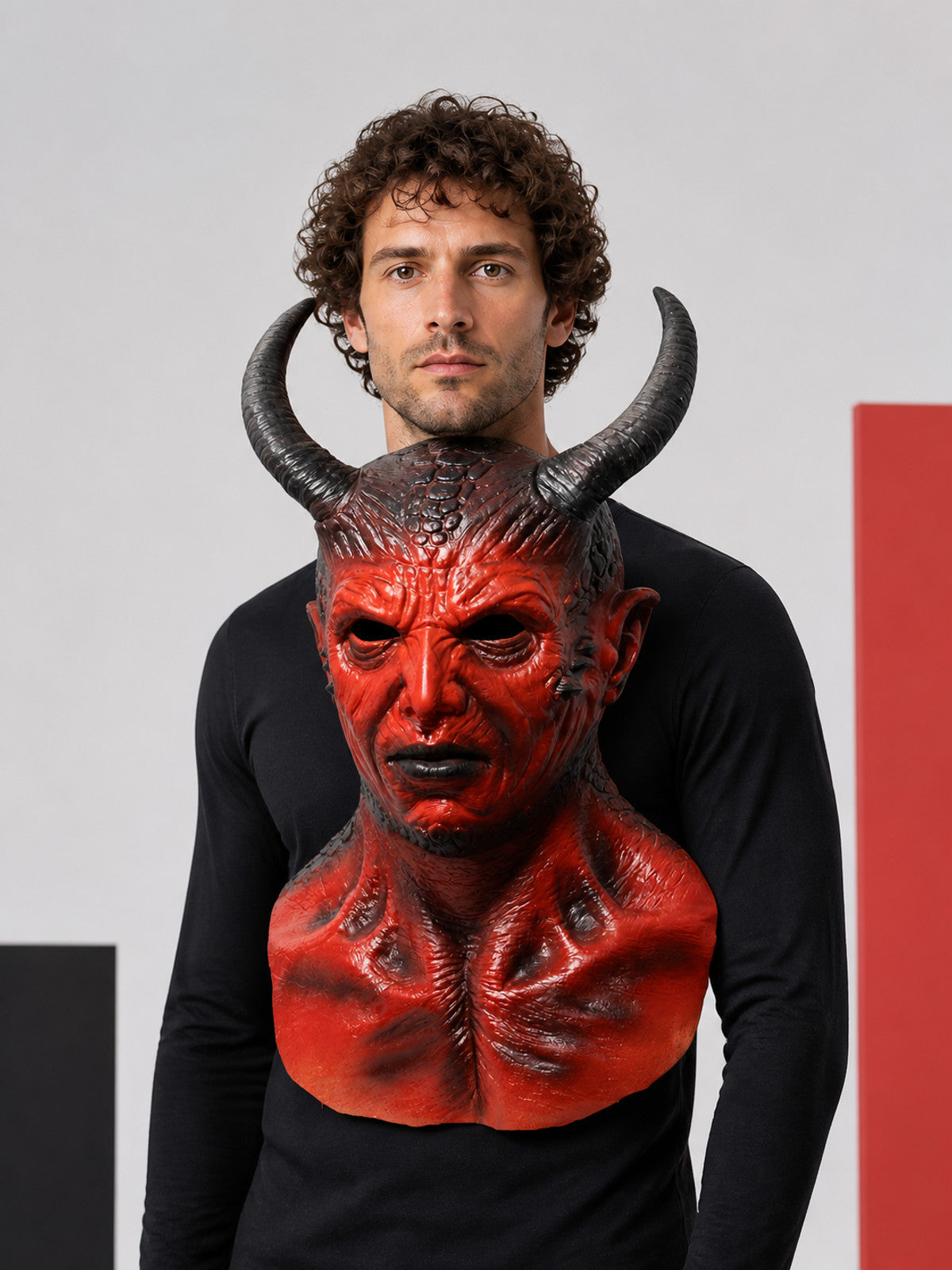 Red-and-Black Halloween Mask with Horns for Cosplay
