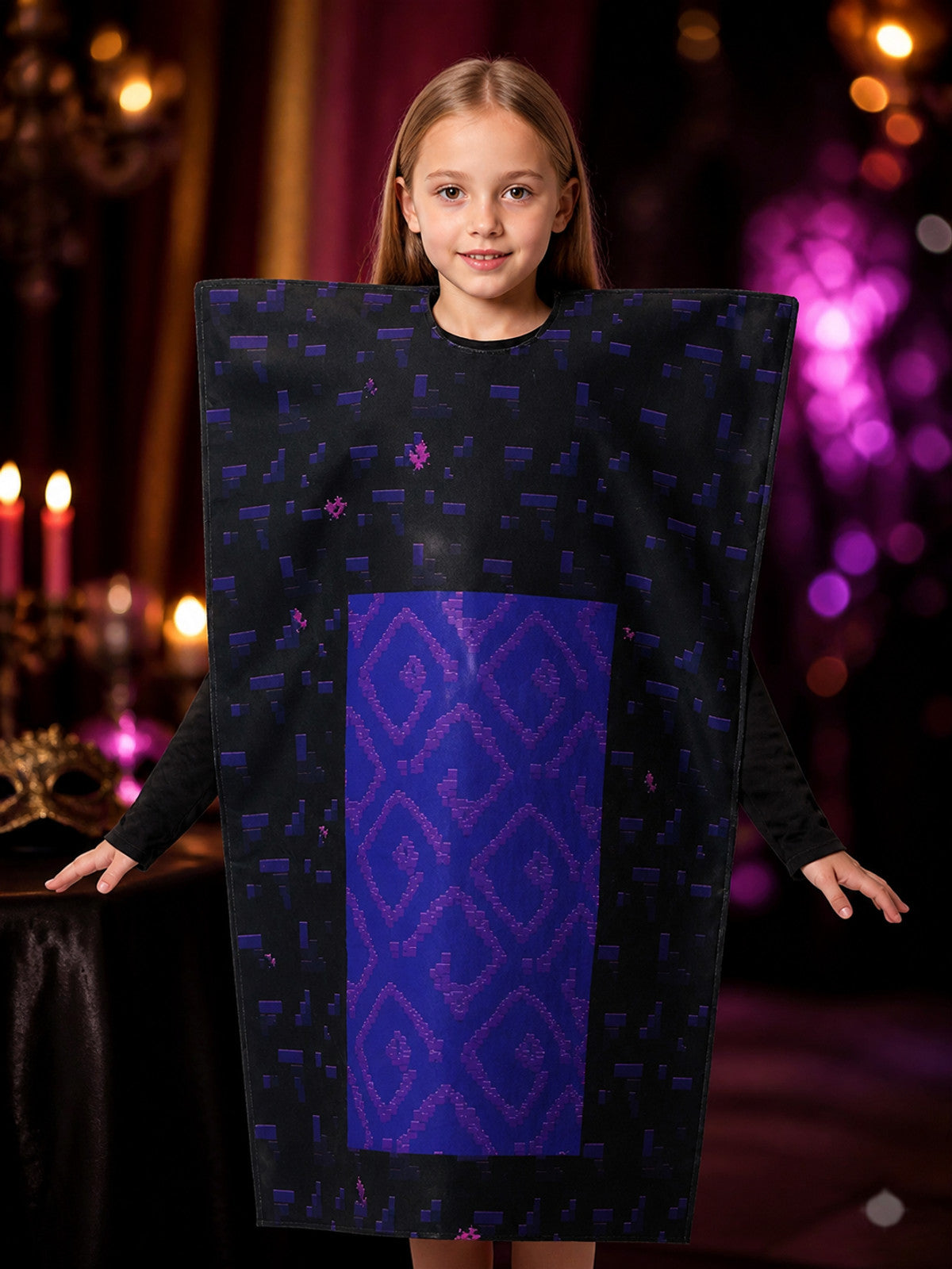 Children's Nether Portal Costume Jumpsuit, Purple Pixel Block Halloween Outfit