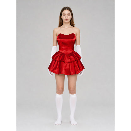 Red Strapless Dress with Layered Skirt on-model view