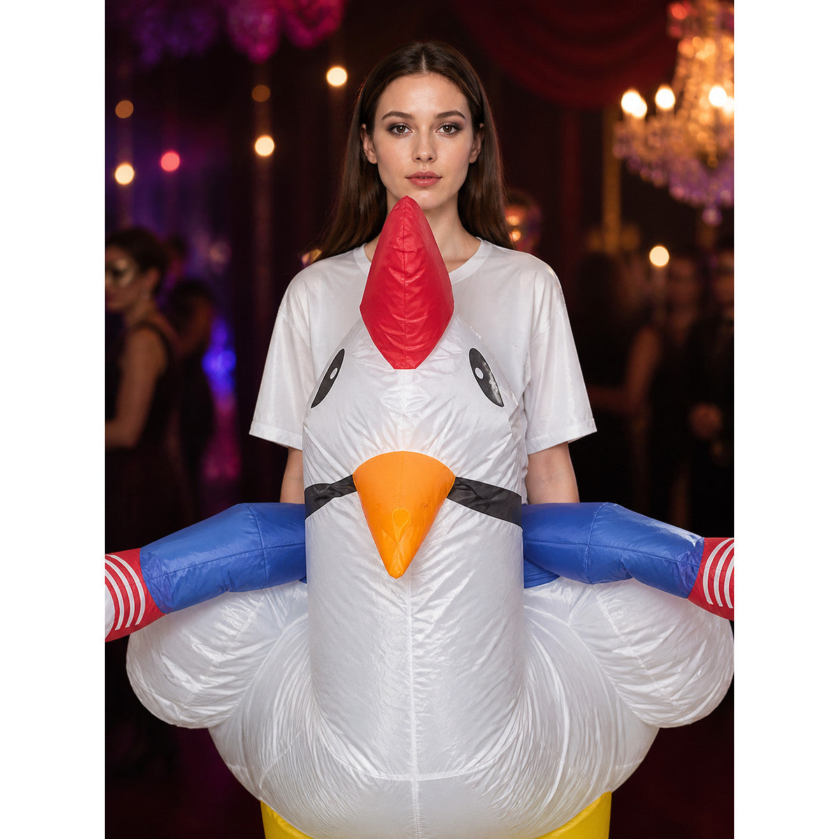 Adult Inflatable White Chicken Costume with Wings for Halloween Party on-model view