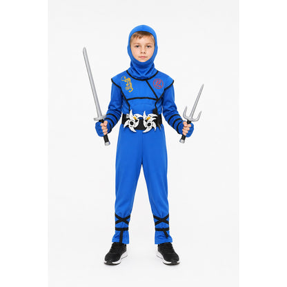 Blue Children's Ninja Costume for Halloween with Mask and Weapons main product view