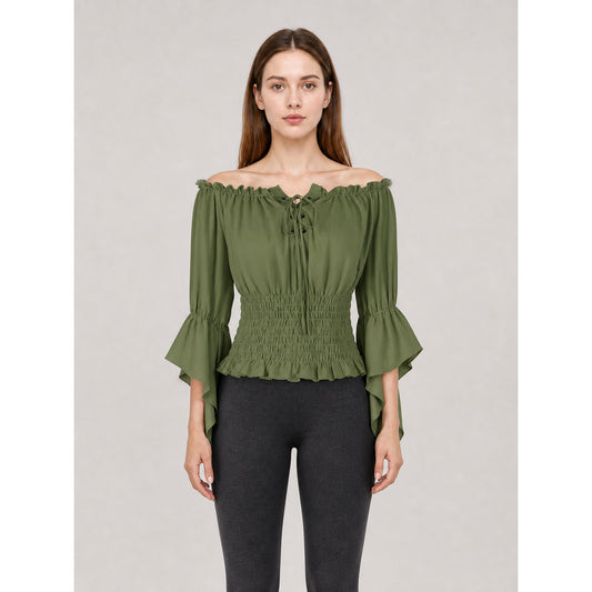 Off-the-Shoulder Blouse with Lace-Up Detail on-model view