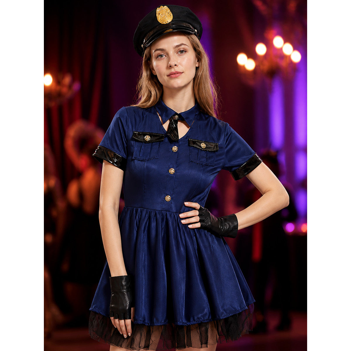 Women's Police Officer Costume Dress, Cute Mesh Trim Halloween Party Outfit