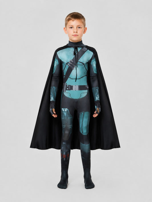 Mandalorian Star Wars Cosplay Costume with Cape and Helmet on-model view