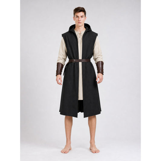 Long Sleeveless Hooded Vest, Black