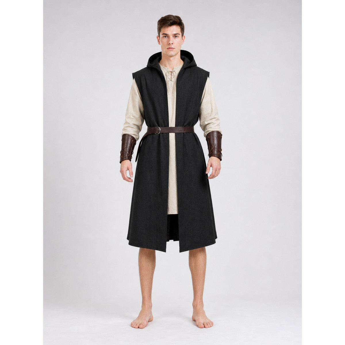 Long Sleeveless Hooded Vest, Black front view 2