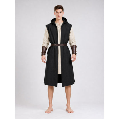 Long Sleeveless Hooded Vest, Black front view 2