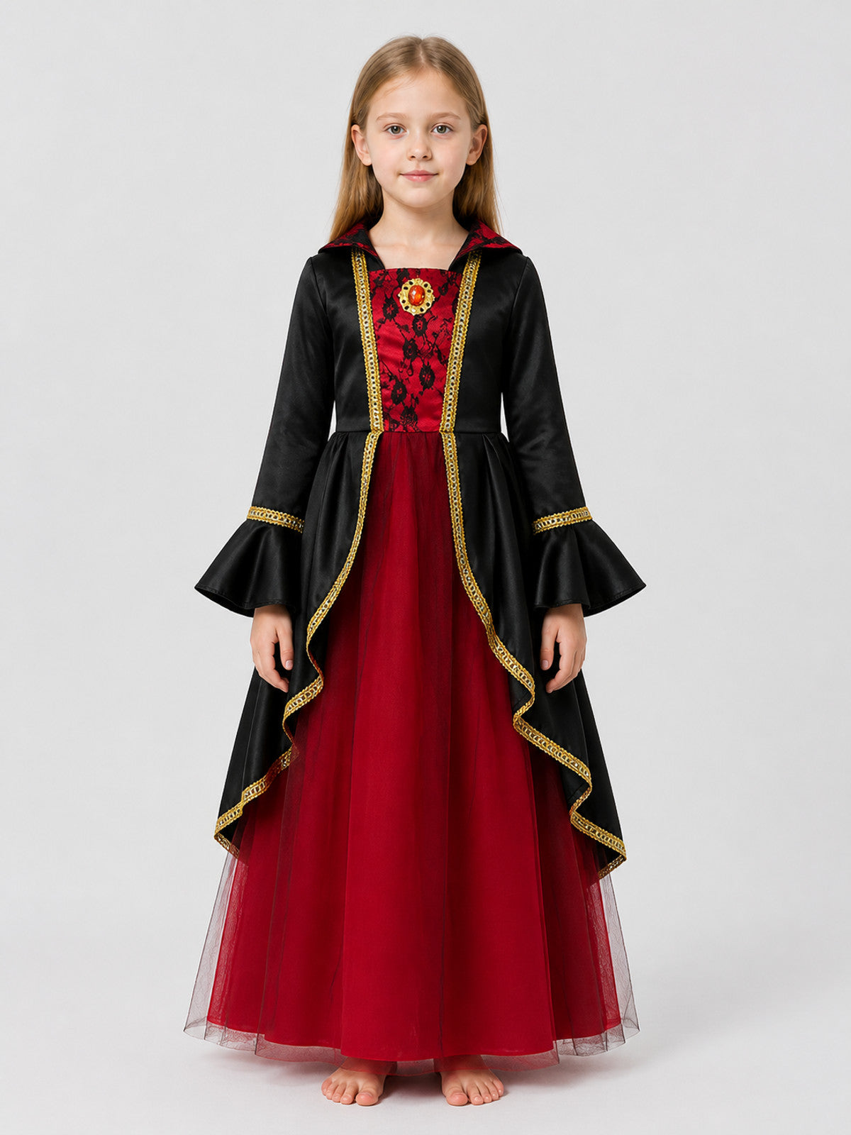 Black and Red Halloween Dress for Girls with Hood on-model view