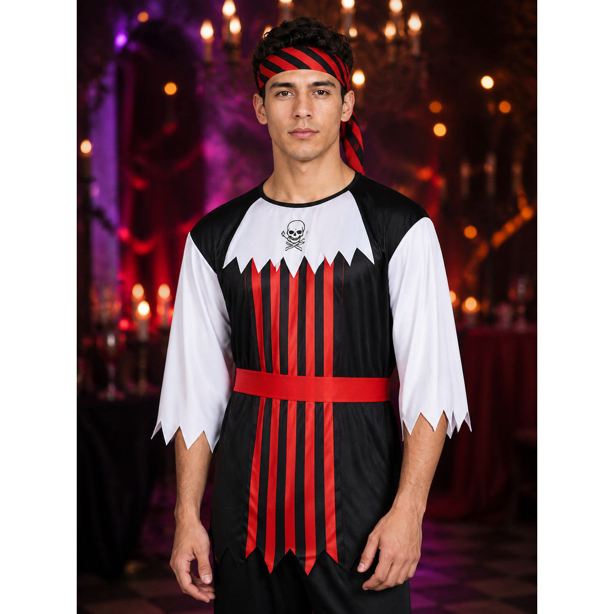 Pirate Costume Set for Adults, Skull Print Black and Red Striped Top and Pants on-model view