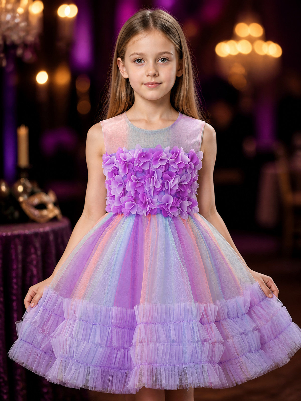 Toddler Girls' Multicolor Princess Dress with 3D Floral Ruffles on-model view