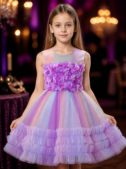 Toddler Girls' Multicolor Princess Dress with 3D Floral Ruffles on-model view