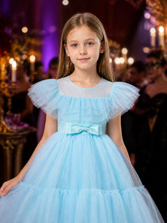 Girls' Light Blue Princess Dress, Square Neck Puff Sleeve Layered Tulle Gown