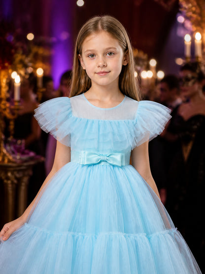 Girls' Light Blue Princess Dress, Square Neck Puff Sleeve Layered Tulle Gown on-model view