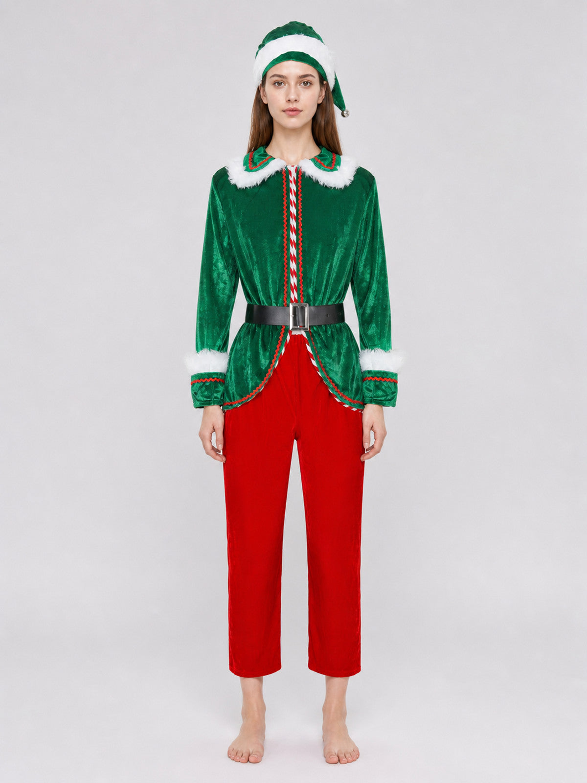 Christmas Character Costume with Hat and Belt on-model view