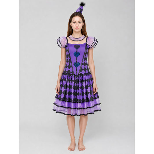 Clown Costume with Dress and Headband, Purple and Black on-model view