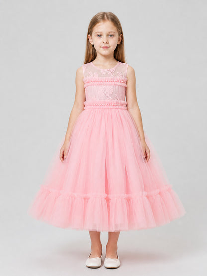 Long Pink Lace Princess Dress for Girls on-model view