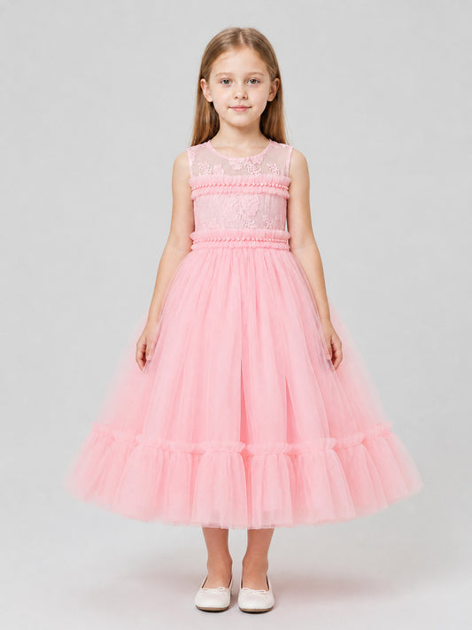 Long Pink Lace Princess Dress for Girls on-model view
