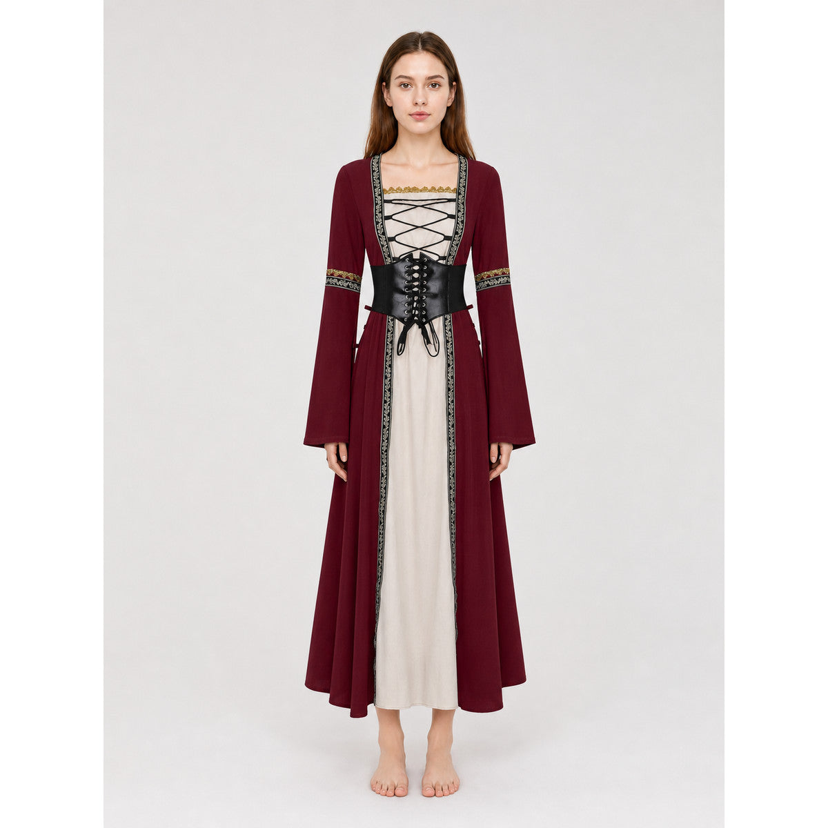 Gothic Renaissance Dress with Corset Lacing on-model view