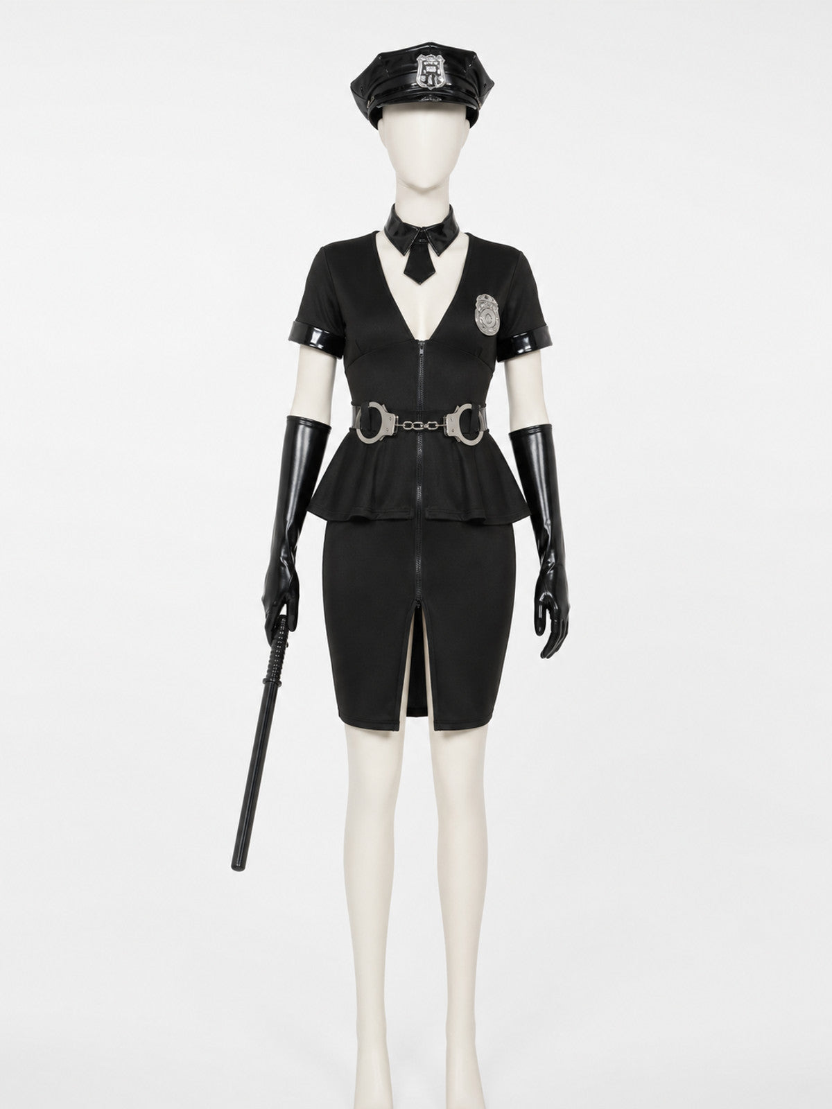 Women's Black Police Officer Halloween Costume Set with Hat, Gloves, and on-model view