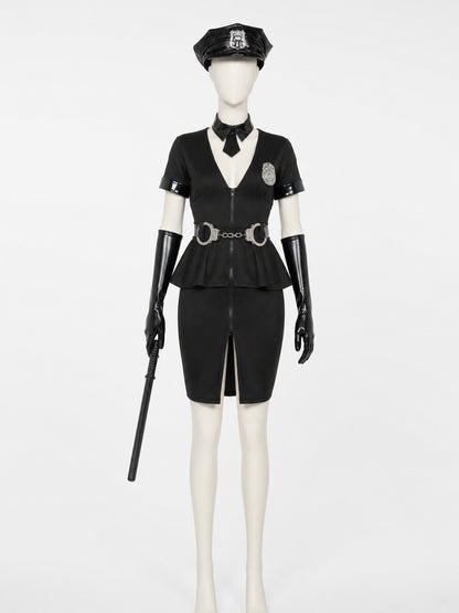Women's Black Police Officer Halloween Costume Set with Hat, Gloves, and on-model view