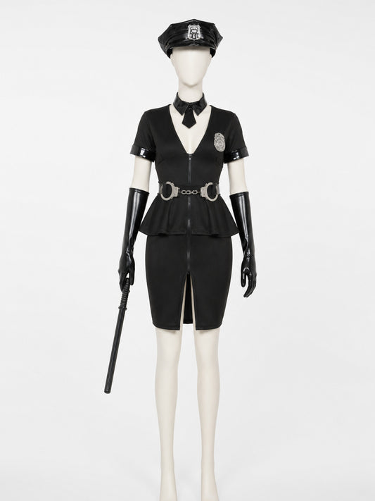 Women's Black Police Officer Halloween Costume Set with Hat, Gloves, and on-model view