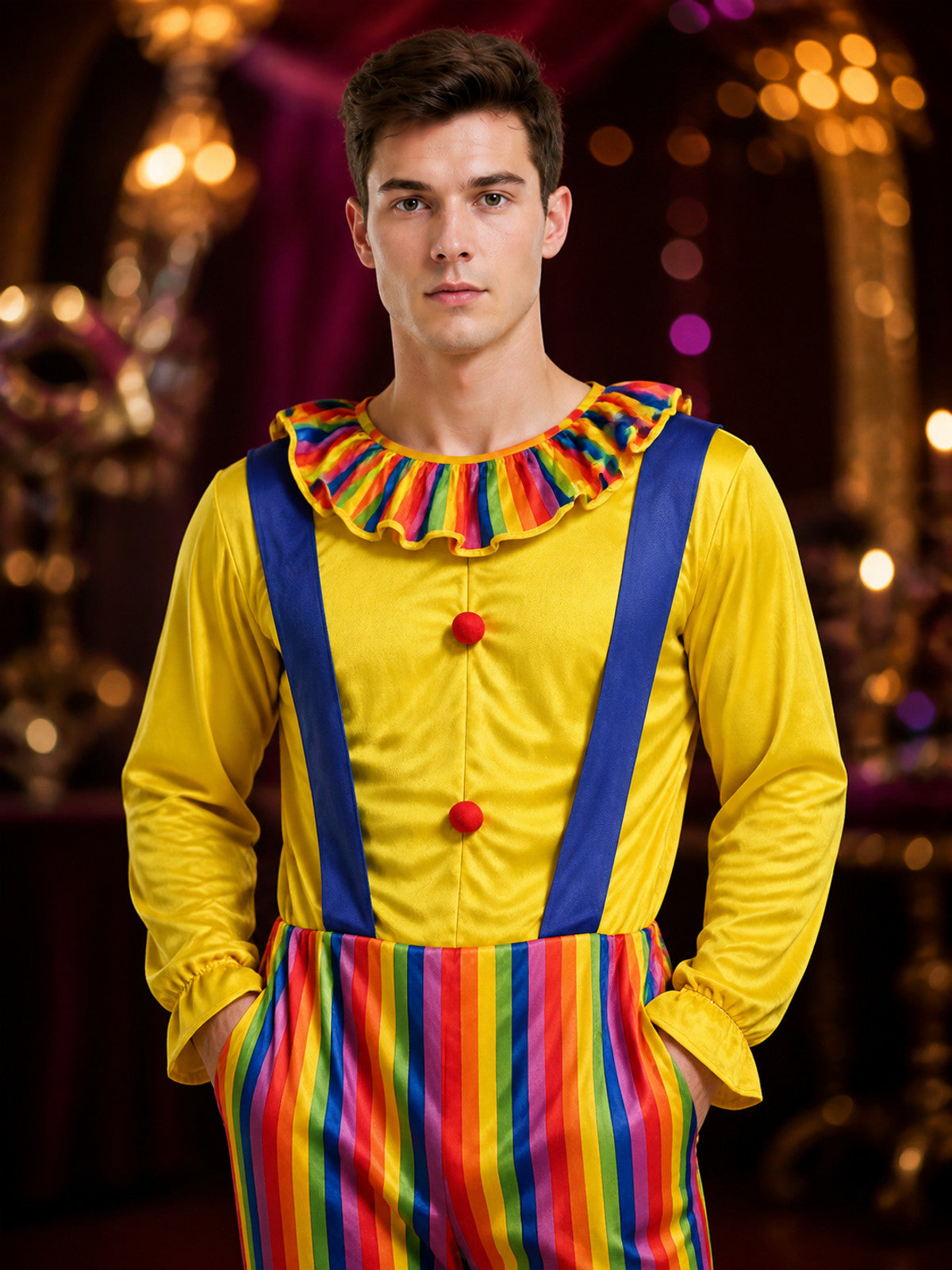 Adult Clown Jumpsuit Costume, Colorful Striped Bodysuit with Suspenders and on-model view